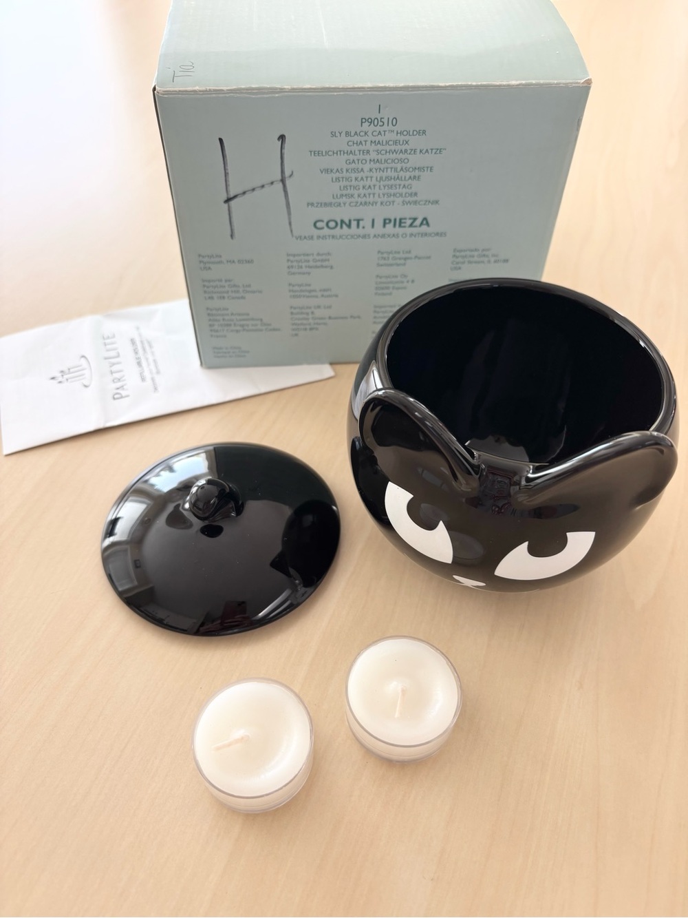 PartyLite Sly Black Cat Tealight Holder with Lid and Candles - Mint Condition